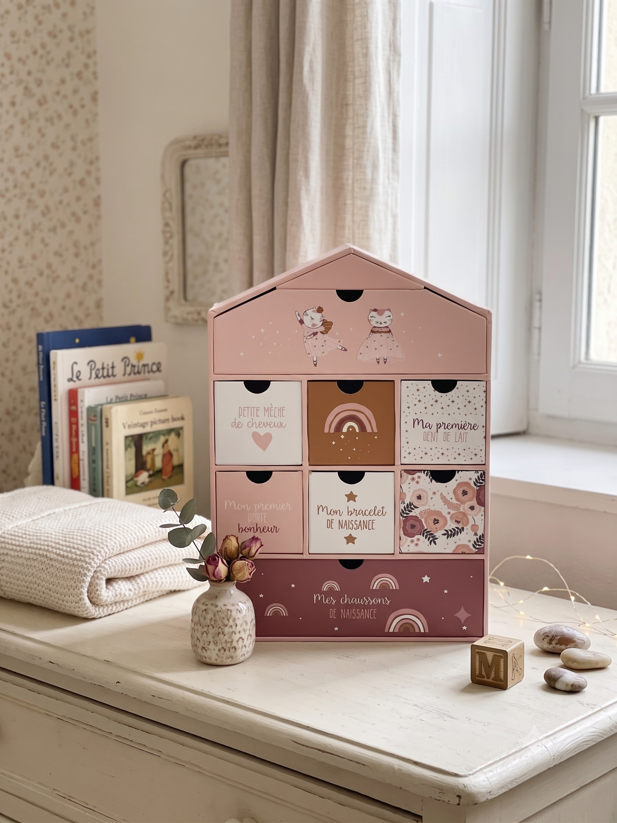 Boîte Souvenirs Bébé 6 Tiroirs – Cadeau Naissance Bohème Chic