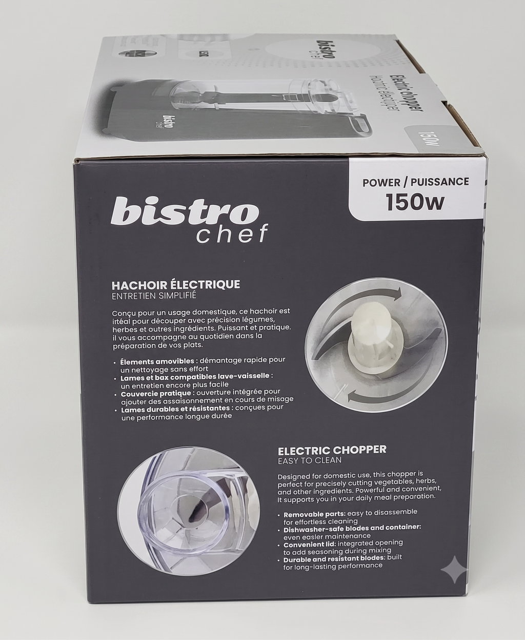 Mini Hachoir Électrique Bistro Chef 150W – Précis et Rapide + Boite de Conservation New Me Offerte