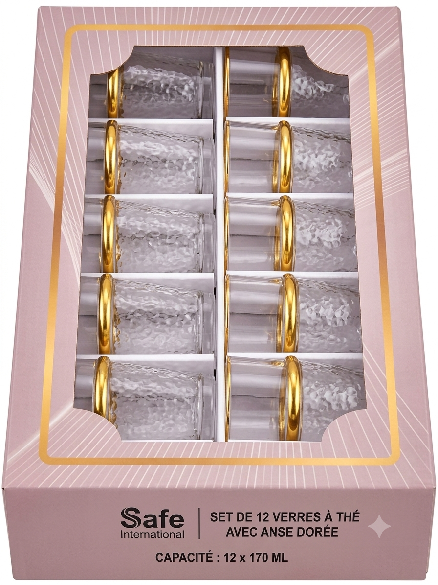 Set de 12 Verres à Thé avec Anse Dorée – 170 ml