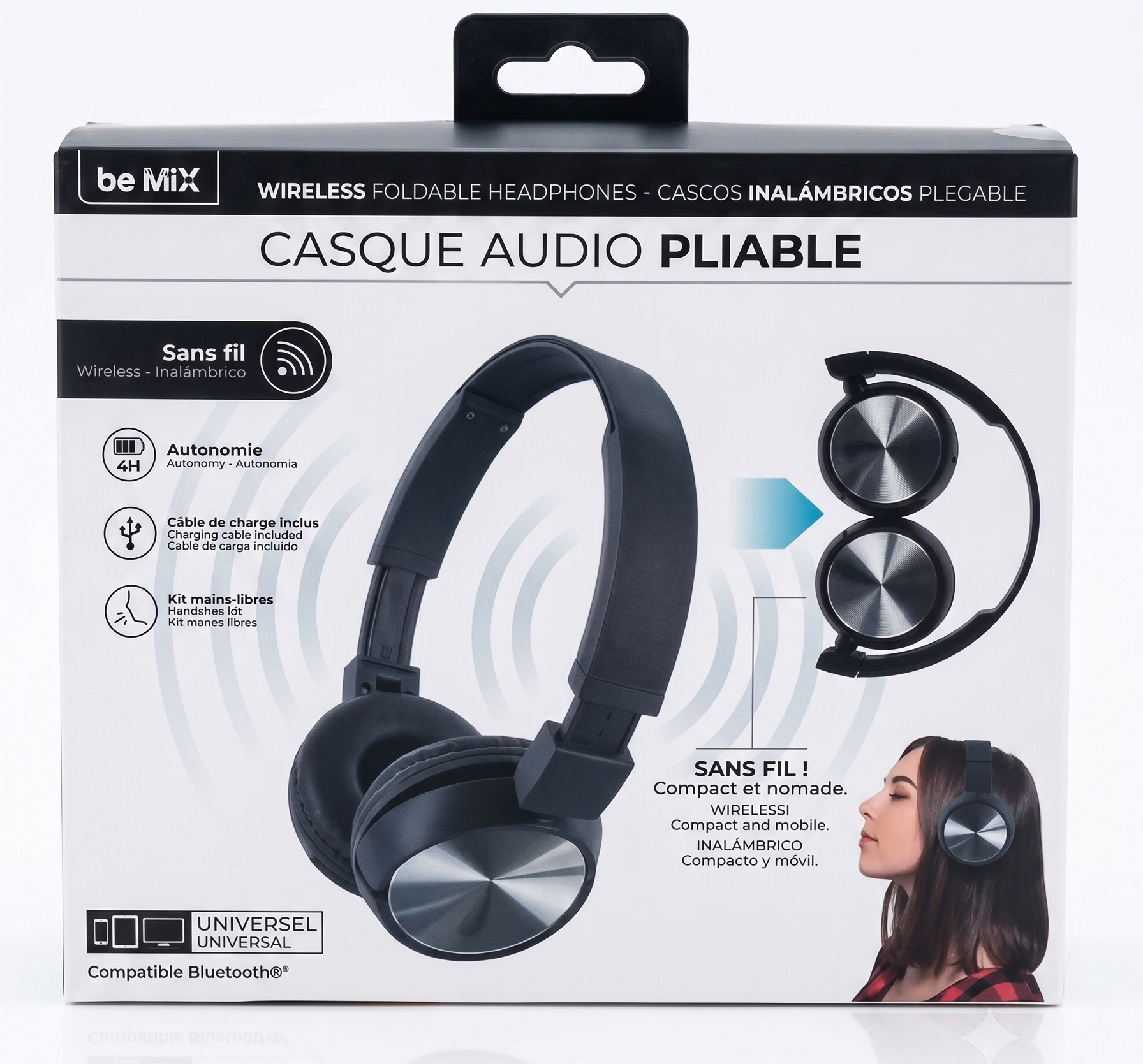Casque audio pliable sans fil be MiX Bluetooth noir