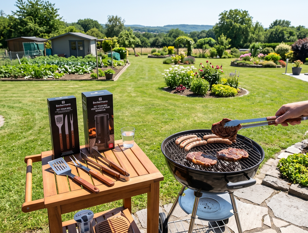 Pack BBQ Beckermann en situation - set ustensiles et ventilateur barbecue dans un jardin