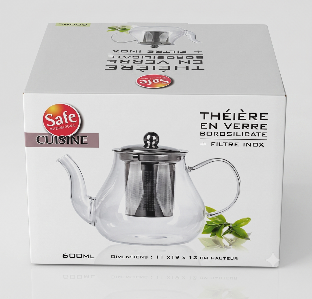 Théière en verre borosilicate 600ml avec filtre inox - Safe International Cuisine