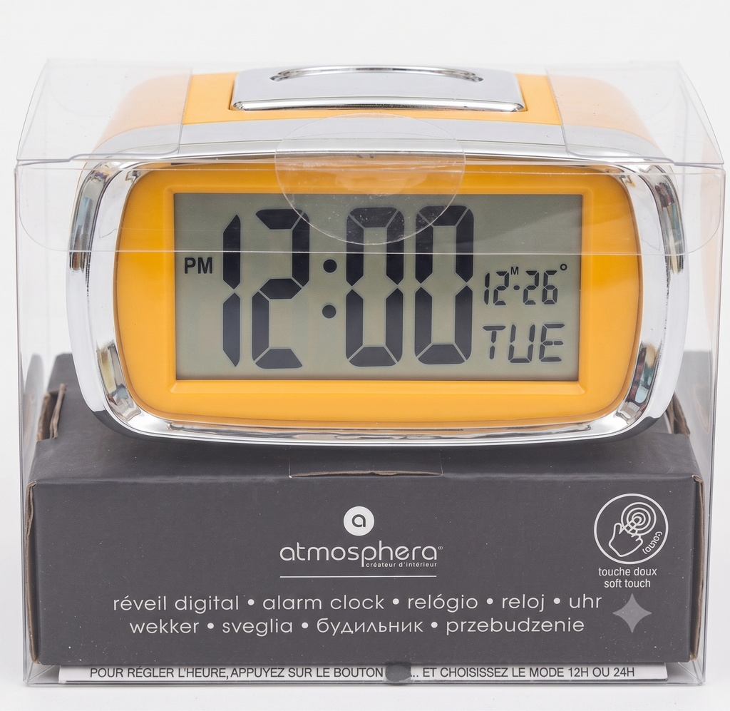 Réveil digital Atmosphera jaune soft touch en boîte