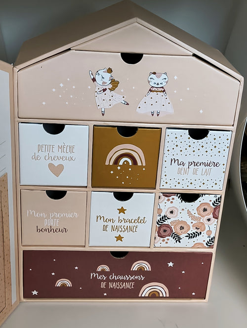 Boîte à Souvenirs Bébé Maison Bohème – 6 Tiroirs Cadeau Naissance Style Bohème Chic