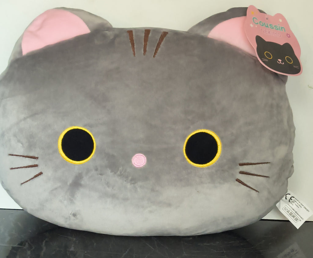 Coussin Peluche Chat Gris – Tête de Chat Velours Doux Yeux Jaunes