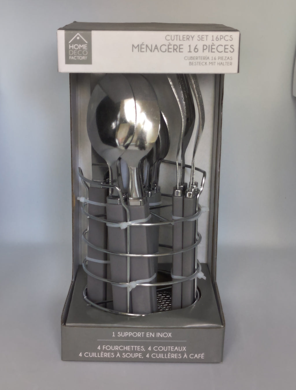 Ménagère 16 Pièces avec Support Inox – Home Deco Factory Gris