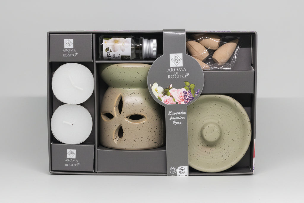 Coffret Brûle-Parfum Aroma Di Rogito – Huile Essentielle Lavande Jasmin Rose