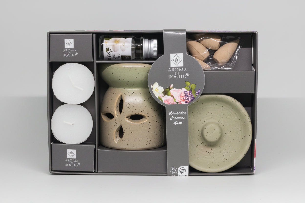 Coffret Brûle-Parfum Aroma Di Rogito – Huile Essentielle Lavande Jasmin Rose