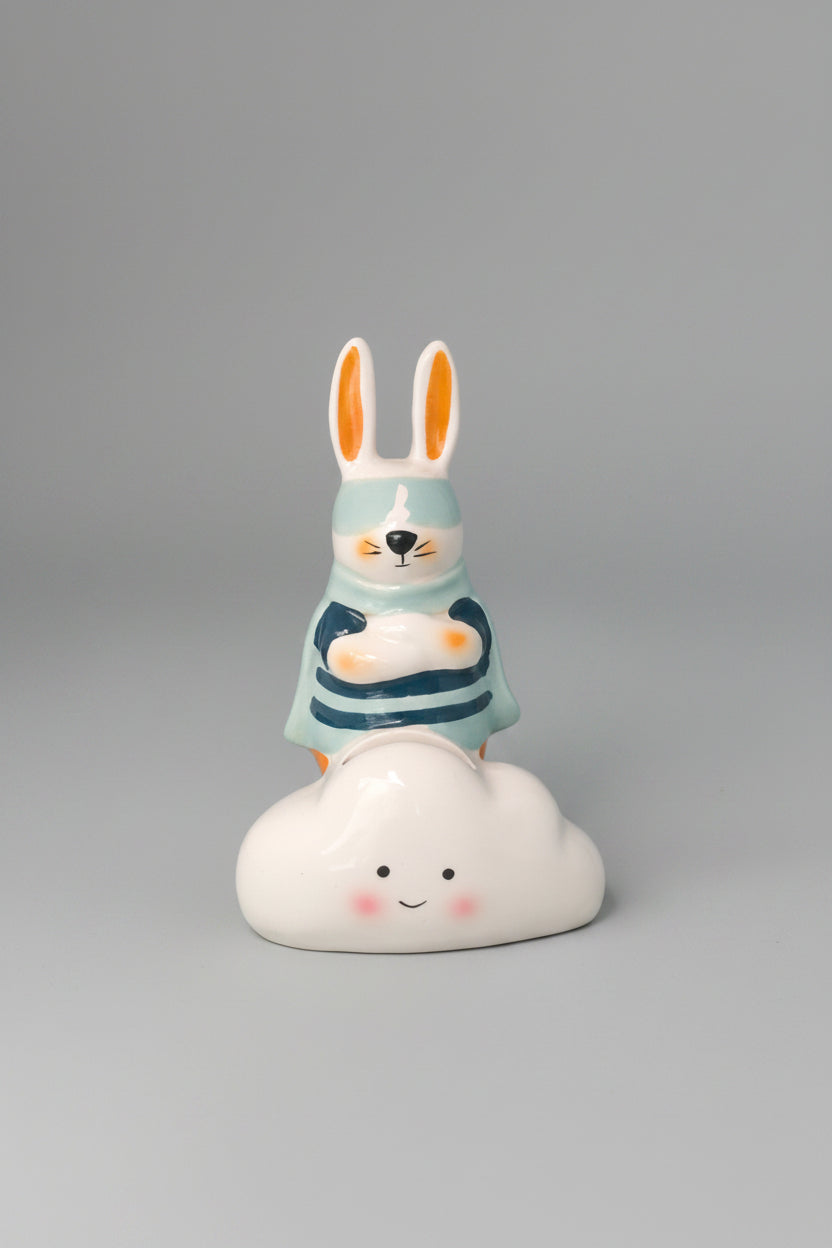 Figurine Céramique Lapin sur Nuage – Déco & Cadeau Original + Coffret 6 Mini Tirelires Offert