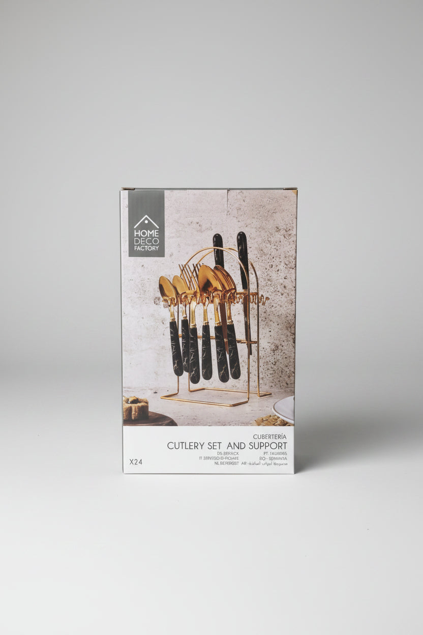 Set Couverts 24 Pièces avec Support – Home Deco Factory Marbre Noir & Doré
