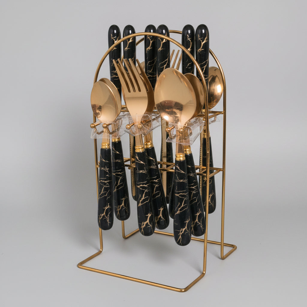 Set Couverts 24 Pièces avec Support – Home Deco Factory Marbre Noir & Doré