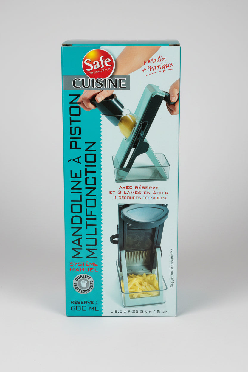 Mandoline à Piston Multifonction Safe Cuisine – 3 Lames Inox Réserve 600ml