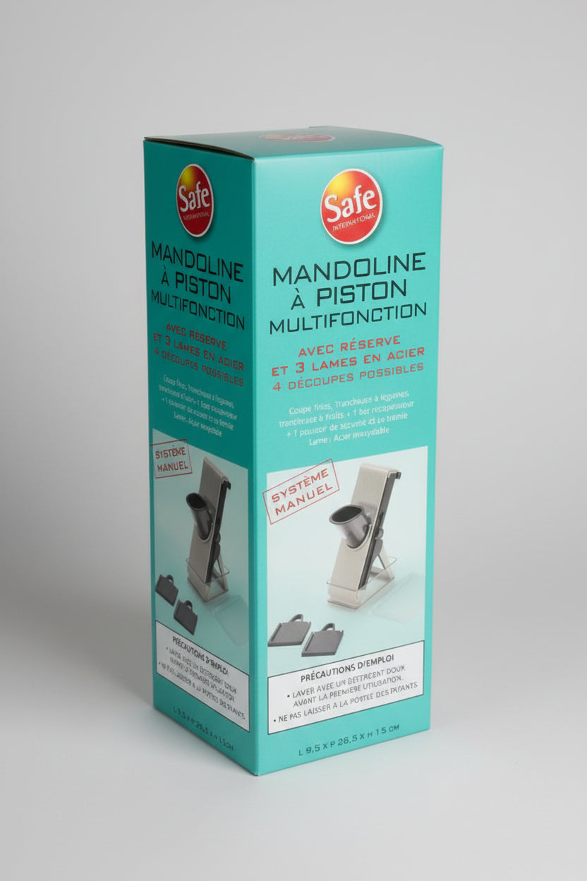 Mandoline à Piston Multifonction Safe Cuisine – 3 Lames Inox Réserve 600ml
