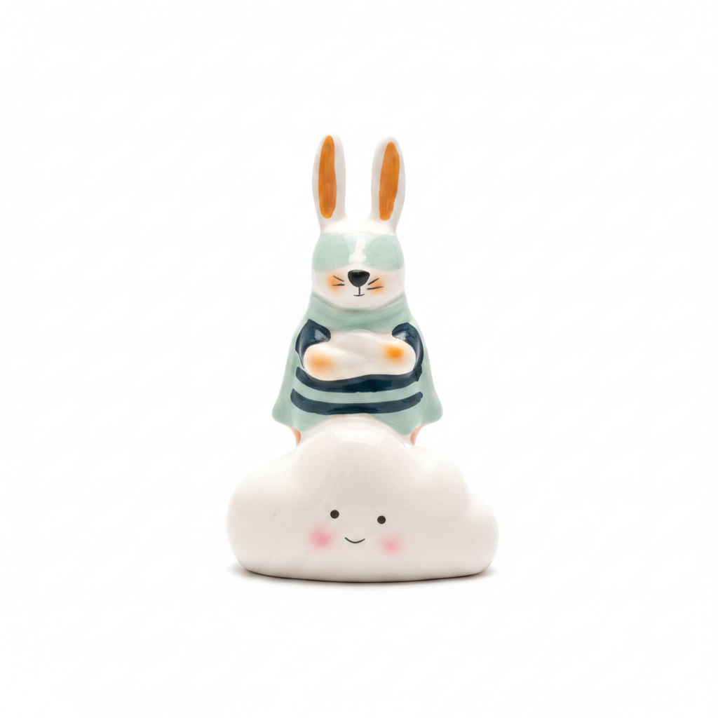 Figurine céramique lapin sur nuage - fond blanc