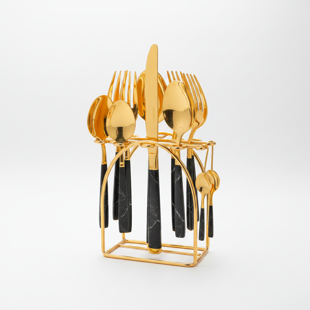 Set couverts 24 pièces marbre noir doré fond blanc